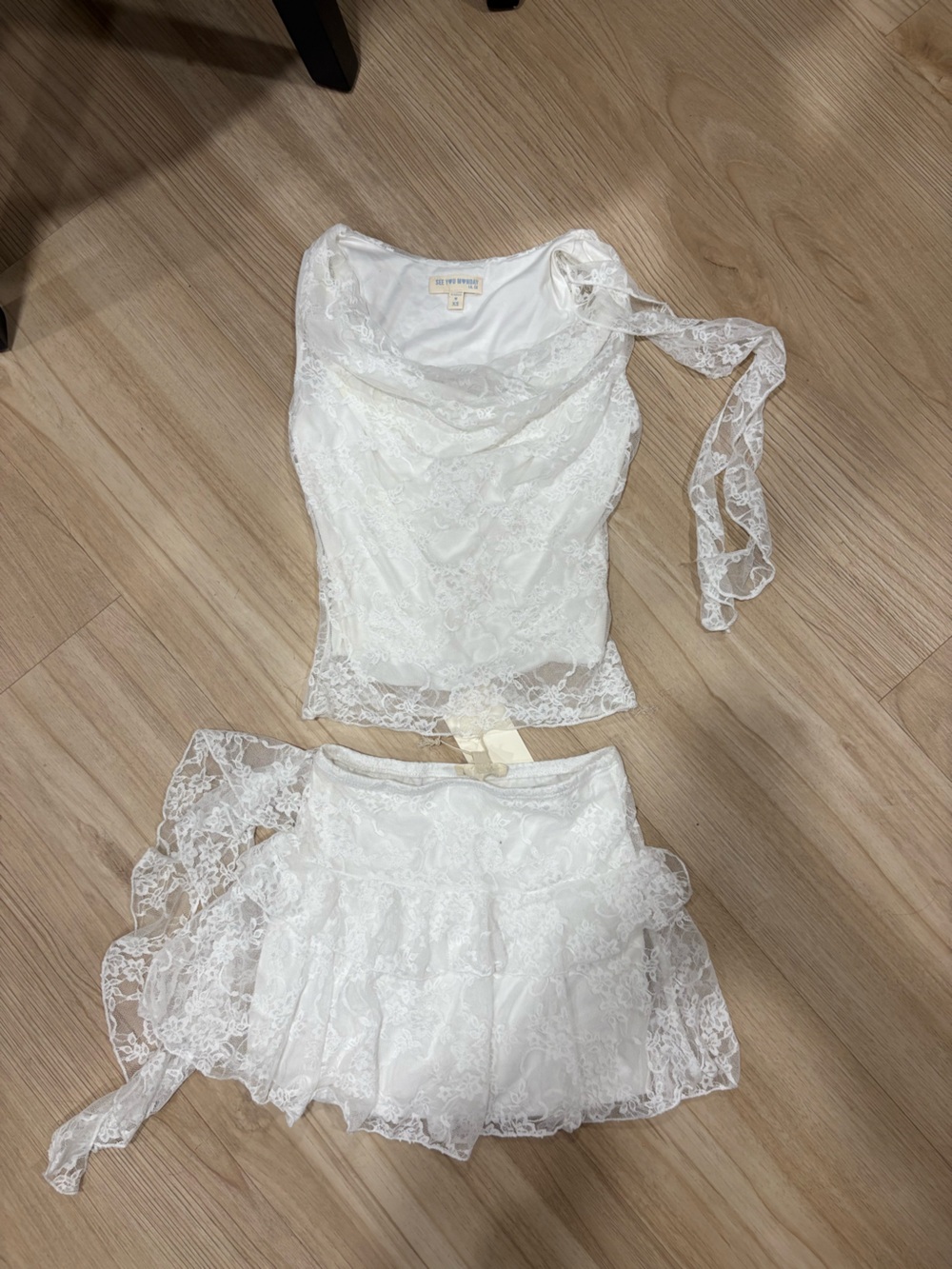 See You Monday White Lace Cowl Neck Camisole & Ruffled Slip Skirt Set